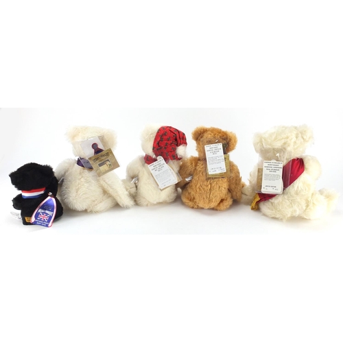 671 - Five Merrythought teddy bears with jointed limbs, with boxes including Regal Splendour and a Royal C... 