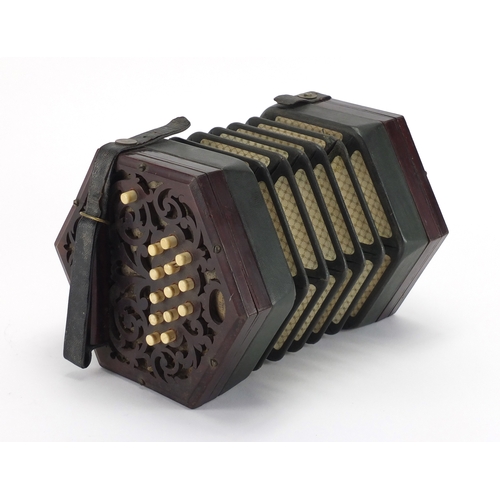 135 - 19th century hexagonal rosewood concertina by C Jones with twenty seven bone buttons