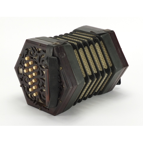 135 - 19th century hexagonal rosewood concertina by C Jones with twenty seven bone buttons