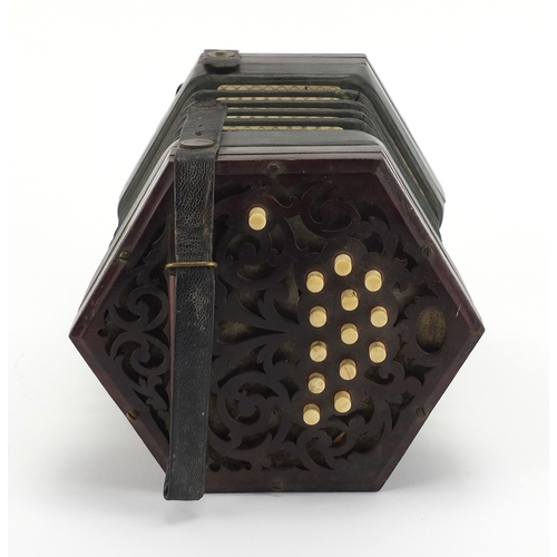 135 - 19th century hexagonal rosewood concertina by C Jones with twenty seven bone buttons