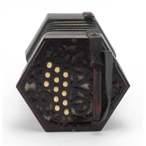 135 - 19th century hexagonal rosewood concertina by C Jones with twenty seven bone buttons