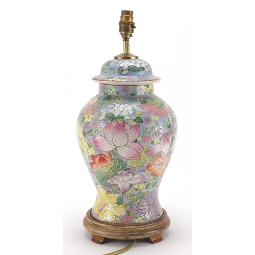 2165 - Chinese porcelain baluster vase and cover lamp base, hand painted in the famille rose palette with b... 