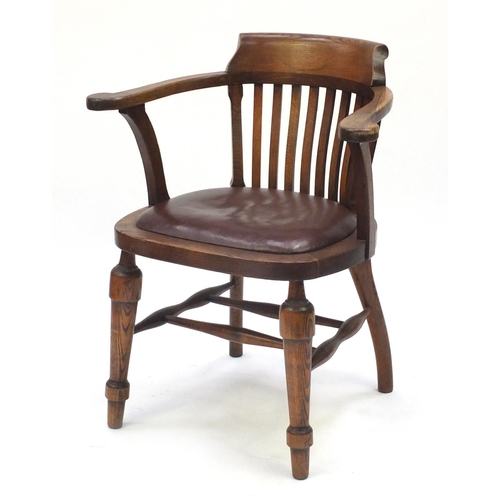 2019 - Oak framed smokers chair with red leather seat, 80cm high