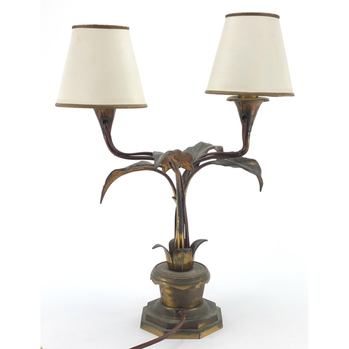 2248 - Ormolu bronze naturalist two branch table lamp with shades, 46cm high