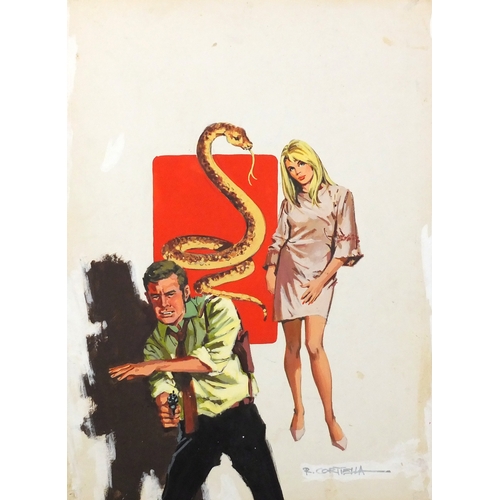 1329 - R Cortella, four gouache illustrations, one titled 'Aspid Sabe Matar', the largest 48.5cm x 31cm