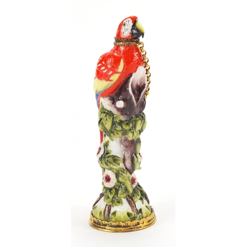 2473 - Halcyon Days hand painted porcelain scent bottle, with silver mounts in the form of parrot, with fit... 