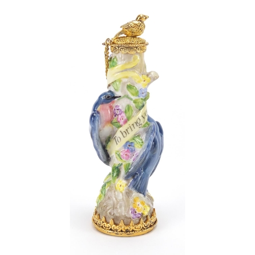 2474 - Halcyon Days hand painted porcelain scent bottle, with silver gilt mounts and travelling case, 8.5cm... 