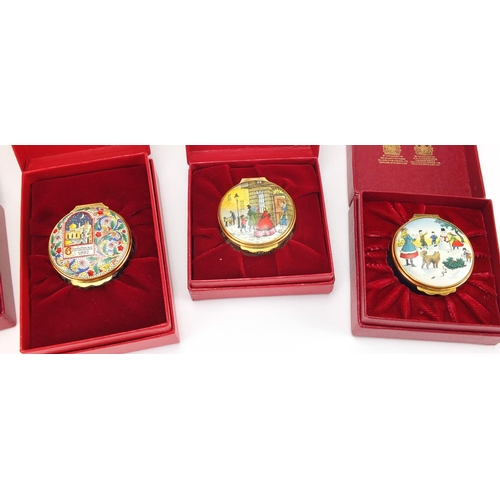 2485 - Five Halcyon Days enamel Christmas trinkets with boxes, 1978, 1979, 1981, 1987 and 1992