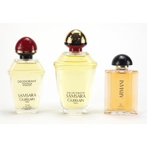 2117 - Three shop facet dummy bottles of perfume with boxes, two Guerlain Samsar and Armani