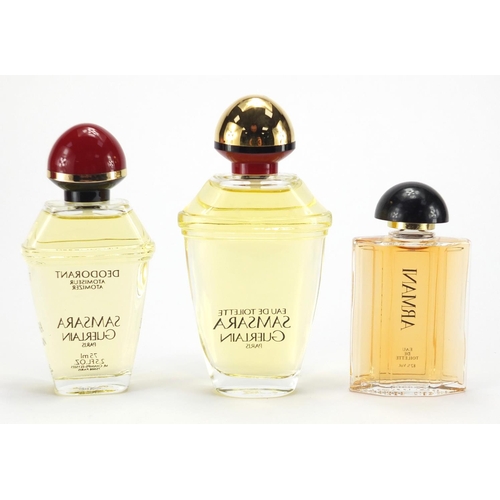 2117 - Three shop facet dummy bottles of perfume with boxes, two Guerlain Samsar and Armani