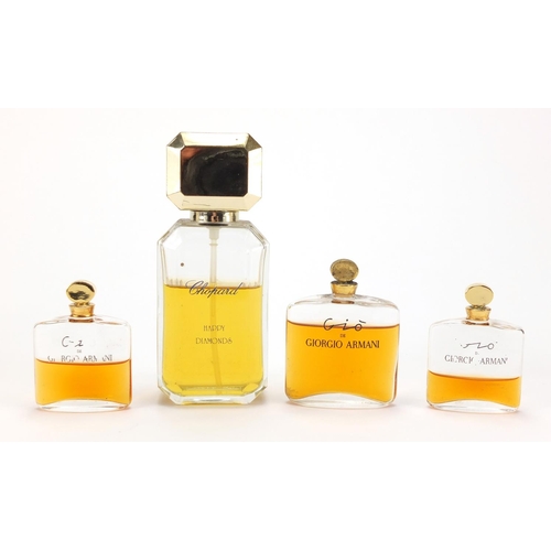 2117A - Three bottles of Gio Giorgio Armani Gio Dummy bottles and Chopard Happy Diamonds, two with boxes