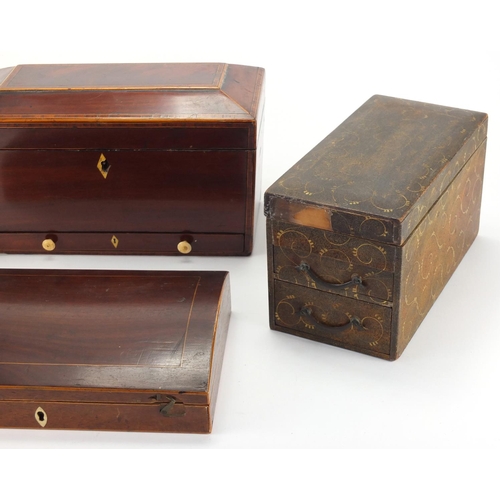 2341 - Antique woodenware including an inlaid mahogany  caddy, oak letter rack and lacquered drawers, the l... 