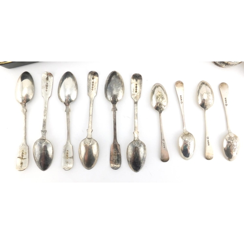 2546 - Silver objects including Georgian and later teaspoons, napkin rings and glass jars with silver lids,... 