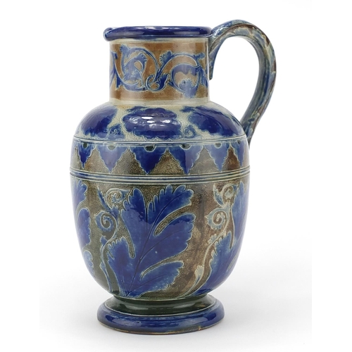 800 - Large Fulham pottery jug by C J C Bailey, hand painted and incised with stylised flowers and foliage... 