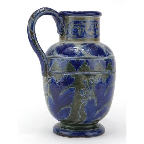 800 - Large Fulham pottery jug by C J C Bailey, hand painted and incised with stylised flowers and foliage... 