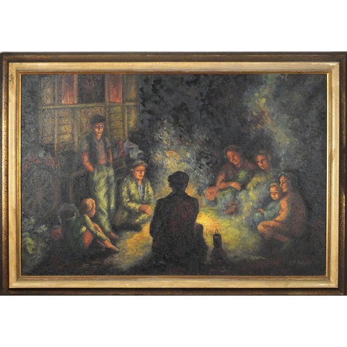 1350 - Gypsy encampment, oil on canvas, bearing a signature V R Smith '52 and inscription verso, mounted an... 