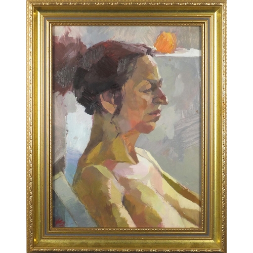 1305 - Yasunotu Shidami - Portrait of a female, oil on board, inscribed label verso, framed, 39.5cm x 29cm