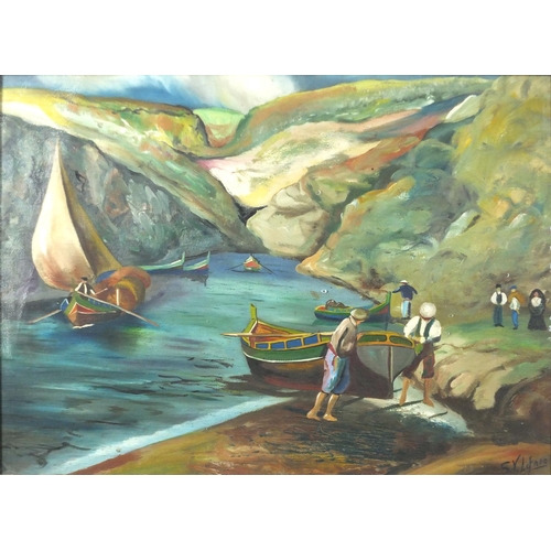 1292 - S V Lofaro - Maltese fisherman, oil on canvas, famed, 48cm x 35cm