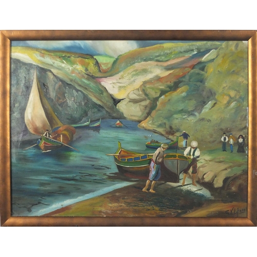 1292 - S V Lofaro - Maltese fisherman, oil on canvas, famed, 48cm x 35cm