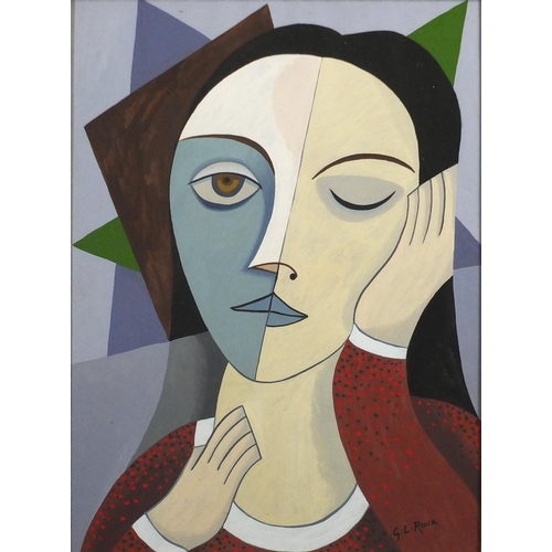 1299 - Abstract composition, surreal portrait of a woman, gouache, bearing a signature G L Roux, mounted an... 