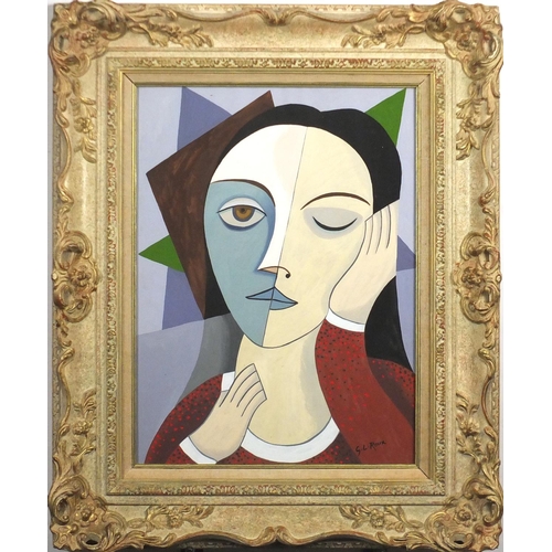 1299 - Abstract composition, surreal portrait of a woman, gouache, bearing a signature G L Roux, mounted an... 