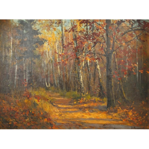 1303 - Paths through woodland, Russian school oil on canvas, bearing a signature S Zukowski and inscribed l... 