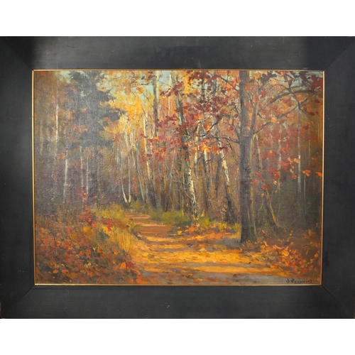 1303 - Paths through woodland, Russian school oil on canvas, bearing a signature S Zukowski and inscribed l... 