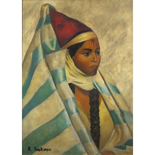 1304 - Portrait of a Russian tribes woman, oil on board, bearing a signature R Taskivan, framed, 53.5cm x 3... 