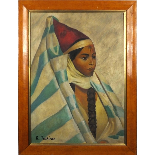 1304 - Portrait of a Russian tribes woman, oil on board, bearing a signature R Taskivan, framed, 53.5cm x 3... 