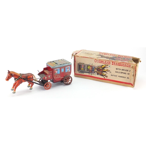 666 - Japanese tin plate Overland stagecoach with box, 38cm in length