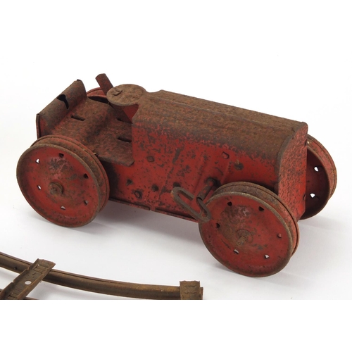 653A - Antique tin plate clockwork tractor and Mickey Mouse clockwork seesaw bell, the largest 21cm in leng... 