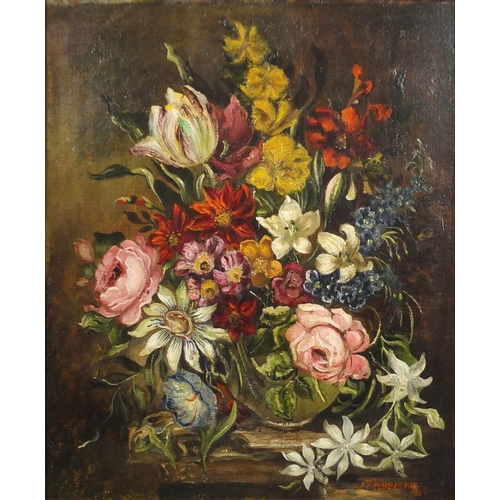 1291 - M Wiseman - Still life flowers in a vase, 19th century oil on canvas, mounted and framed, 45cm x 37c... 