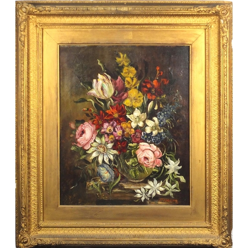 1291 - M Wiseman - Still life flowers in a vase, 19th century oil on canvas, mounted and framed, 45cm x 37c... 