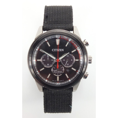 2749 - As new Citizen Eco-Drive chronograph wristwatch, with box and papers, 4.2cm in diameter