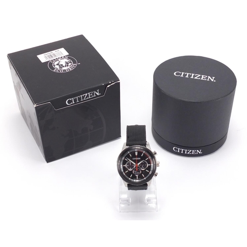 2749 - As new Citizen Eco-Drive chronograph wristwatch, with box and papers, 4.2cm in diameter