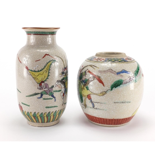 2197 - Chinese porcelain jar and vase, each hand painted in the famille verte palette with warriors on hors... 