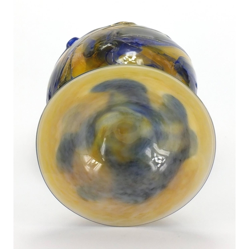 2325 - Large Murano blue and yellow glass pedestal bowl, with gold flecking, 34.5cm high