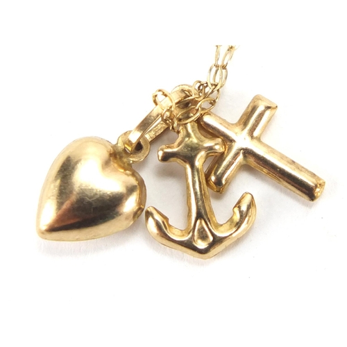 2683 - 9ct gold love heart, cross and anchor pendant, on 9ct gold necklace and an unmarked gold pearl ring,... 