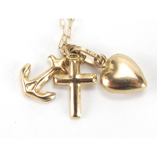 2683 - 9ct gold love heart, cross and anchor pendant, on 9ct gold necklace and an unmarked gold pearl ring,... 