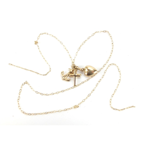 2683 - 9ct gold love heart, cross and anchor pendant, on 9ct gold necklace and an unmarked gold pearl ring,... 