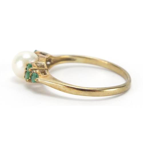 2752 - 9ct gold pearl and green stone ring, size L, approximate weight 1.8g