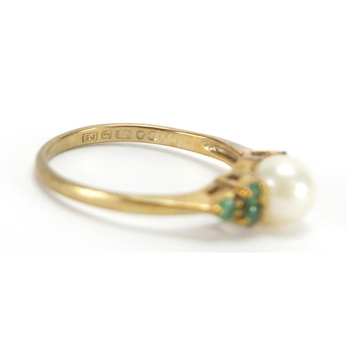 2752 - 9ct gold pearl and green stone ring, size L, approximate weight 1.8g