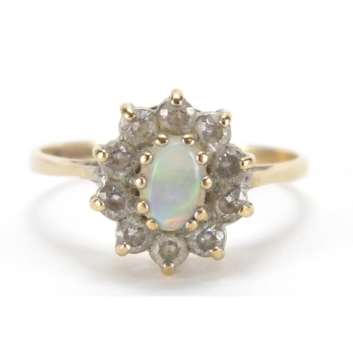 2695 - 9ct gold opal and clear stone flower head ring, size M, approximate weight 1.8g