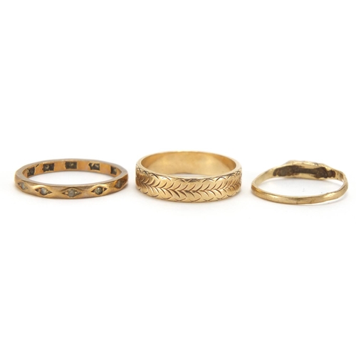 2758 - Three 9ct gold rings, one set with clear stones, various sizes, approximate weight 5.4g