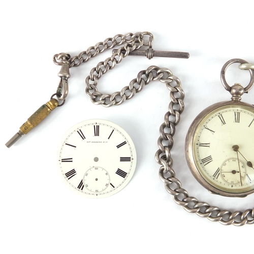 2766 - Gentleman's silver open face pocket watch, on a graduated silver watch chain and a silver pocket wat... 