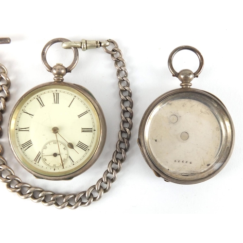 2766 - Gentleman's silver open face pocket watch, on a graduated silver watch chain and a silver pocket wat... 