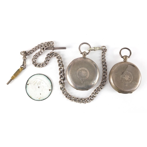 2766 - Gentleman's silver open face pocket watch, on a graduated silver watch chain and a silver pocket wat... 