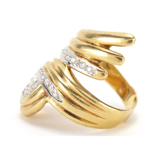 2684 - Stylish gold ring set with clear stones, stamped 18k, size N, approximate weight 8.3g