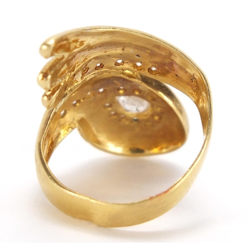 2684 - Stylish gold ring set with clear stones, stamped 18k, size N, approximate weight 8.3g