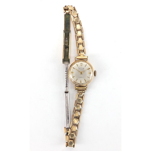 2787 - Ladies 9ct gold Golay wristwatch with gilt metal strap, 1.8cm in diameter